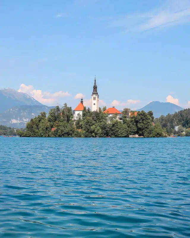Beautiful Lake in Europe with an Island in the middle with a church, Lake Bled Slovenia 