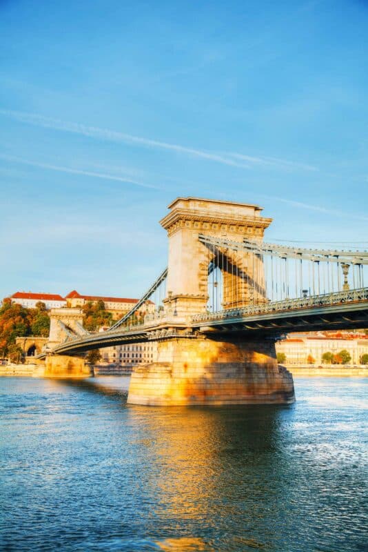 Chain Bridge in Budapest reflecting into the Danube River