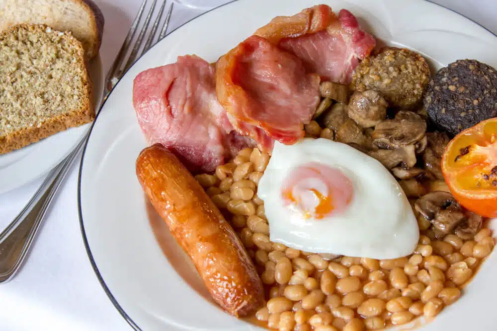 Irish Breakfast: Beans, Sausage, Fried Egg, Bacon and Puddin