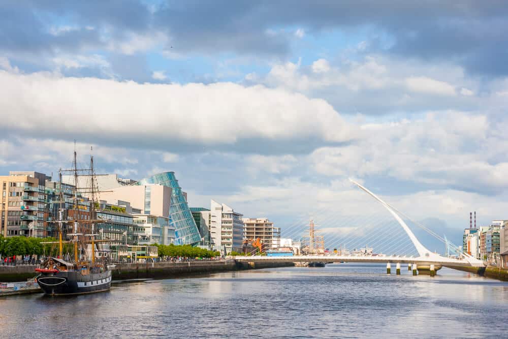 Picture of Dublin City River Liffey with a famine Shit, Samuel Becket Bridge and the Convention centre Building. A Modern Part of Dublin